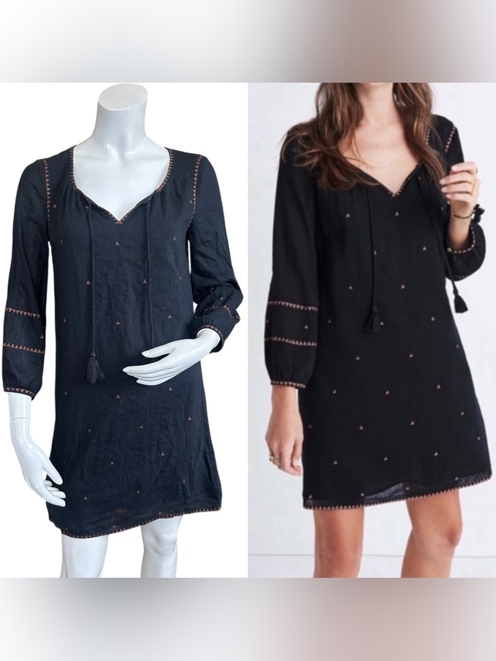 Madewell Signal Black Peasant Long Sleeve Shift Dress Bronze Embroidery Size XS